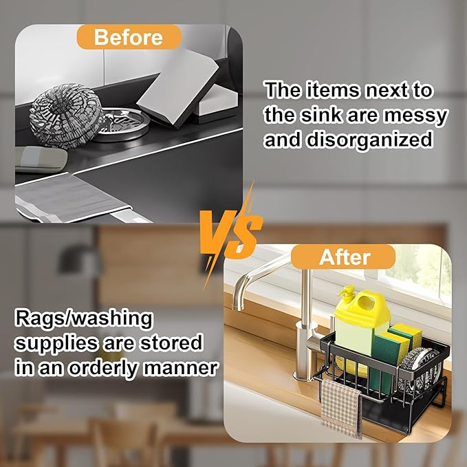 kitchen sink caddy, dish sink sponge holder (With rod-black)