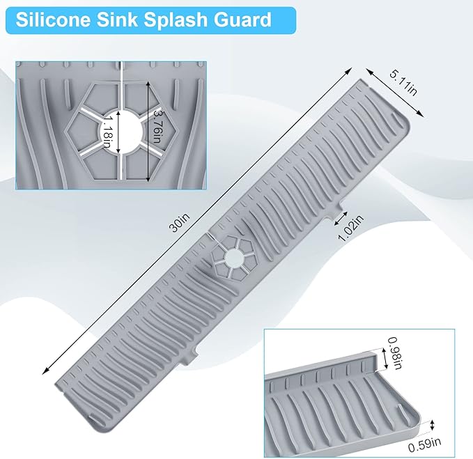 Derlights 30 inch Sink Splash Guard Mat,Silicone Faucet Handle Drip Catcher Tray, Longer Silicone Sink Mat for KitchenBathroom, Drip Protector Splash Countertop (gray)