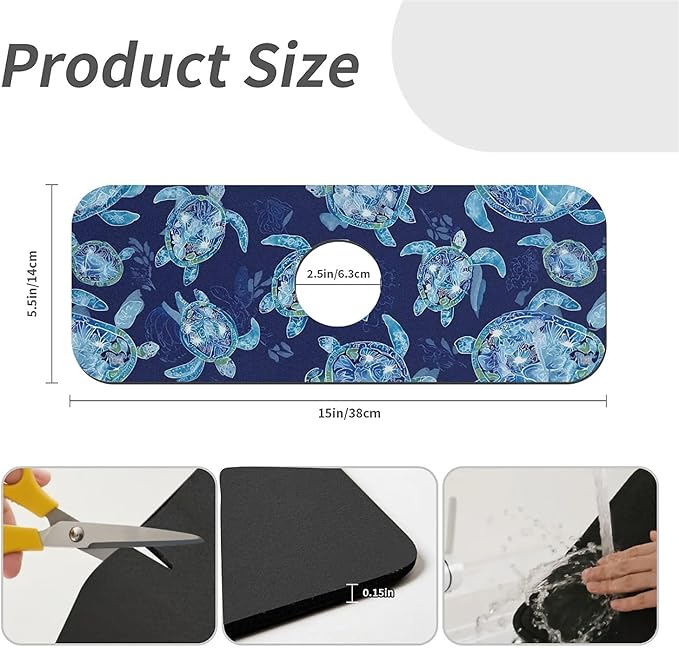 Kitchen Sink Splash Guard，Graceful sea turtle Faucet Mat Sink Gadgets-Super Absorbent Fast Drying Mat Drip Catcher for Kitchen, Bathroom,Sink Mat, Dish Drying Mat, Bathroom(15" X 5.5" )