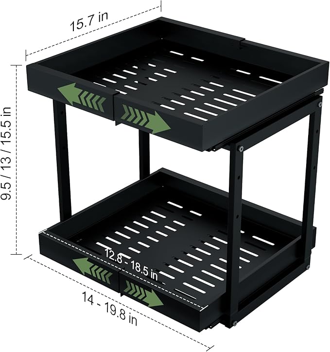 2 Tier Pull Out Cabinet Organizer ,Adjustable Width & Height,Expandable Pull-Out Drawers For Cabinets, Slide Out Shelves for Kitchen Cabinets / Countertop / Pantry,Heavy-Duty & Easy to Install(Black)