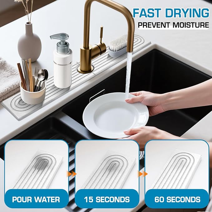 Faucet Mat for Kitchen Sink, Diatomite Quick Drying Tray , Long 23.6'' Kitchen Sink Splash Guard and Bathroom Stone Tray for Counter. Super Absorben. (White-Rectangle, 23.6" x 4")
