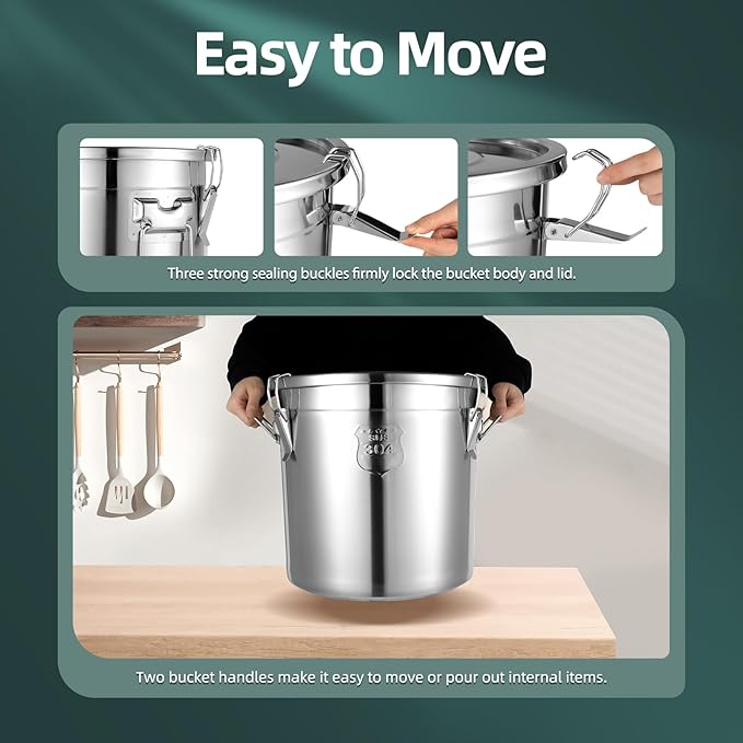 Stainless Steel Airtight Canister for Kitchen, 21L/5.54Gal Metal Food Storage Container Flour Bucket with Lid & Clamps, Bean Rice Cereal Canister Holder for Kitchen Restaurant, D13*H11.8in