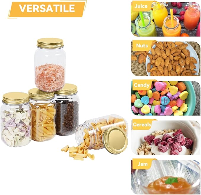 novelinks 16 oz Clear Plastic Jars with Lids, Refillable 16oz Mason Jars with Lids & Storage Containers for Kitchen & Household Use (24 Pack,Gold)