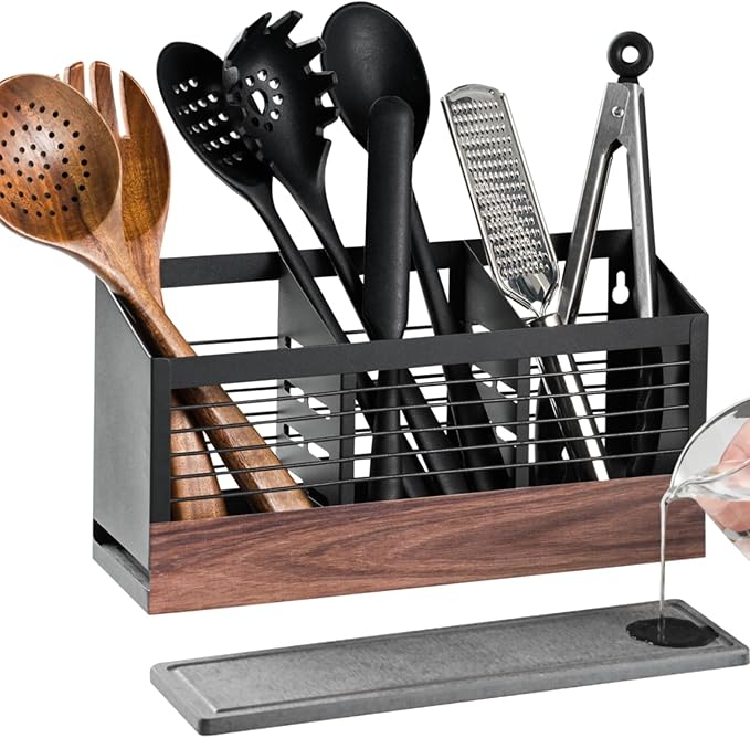 awesohome Utensil Holder for Kitchen Counter, Cooking Utensil Holder with Stone Drying Mat for Storage Spatula, Ladle, Scoop in Farmhouse Countertop with Wooden Pattern Printed, Matte Black