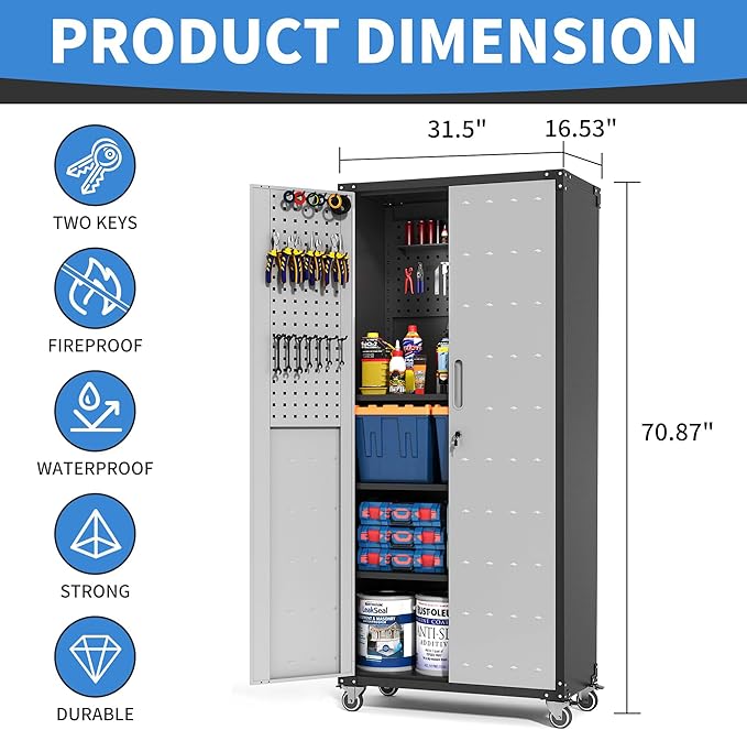 BIZOEIRON Garage Metal Storage Cabinet with Pegboard, 71'' Tall Storage Cabinet with Adjustable Shelves and Doors, Rolling Tool Cabinet on Wheels for Garage, Utility Room (Black & Grey)