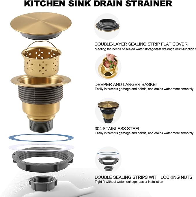 3 1/2" Kitchen Sink Drain Kit Replacement Sink Drain Assembly Removable 304 Stainless Steel Deepen Sink Strainer Basket with Sealing Cover for Kitchen Laundry Room RV(Gold)