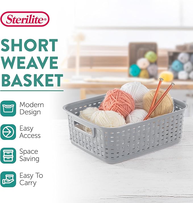 Sterilite Short Plastic Weave Storage Basket, Bin Organization for Countertops, Tabletops, and Shelves for Crafts, Jewelry, Gray, 6-Pack