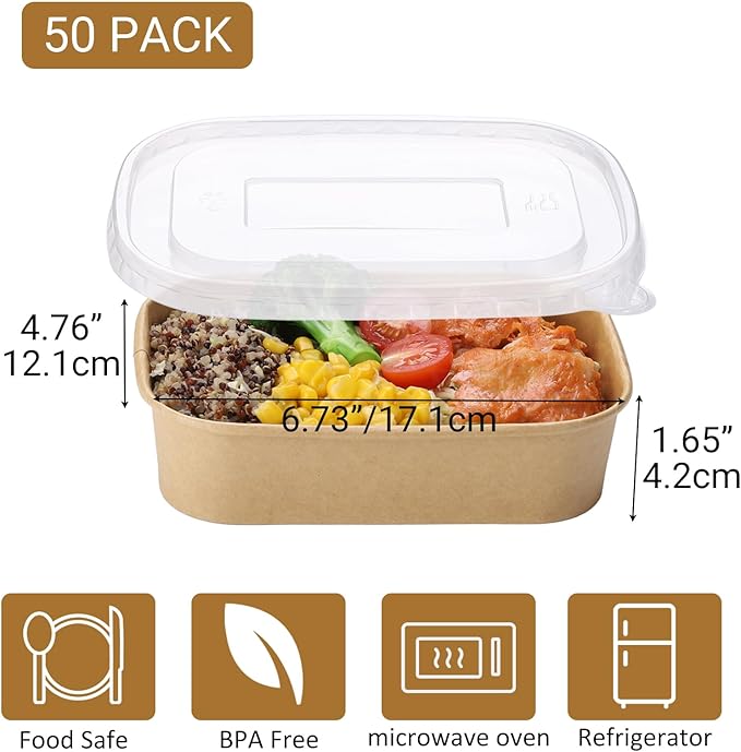 Belinlen 50 Sets 17oz Disposable Kraft Paper Bowls with Lids, Rectangle Paper Food Containers with Lids, Salad Bowls for Hot/Cold Food, Soup, Meal Prep, Ice Cream, Takeout, Party Supplies(500ml)