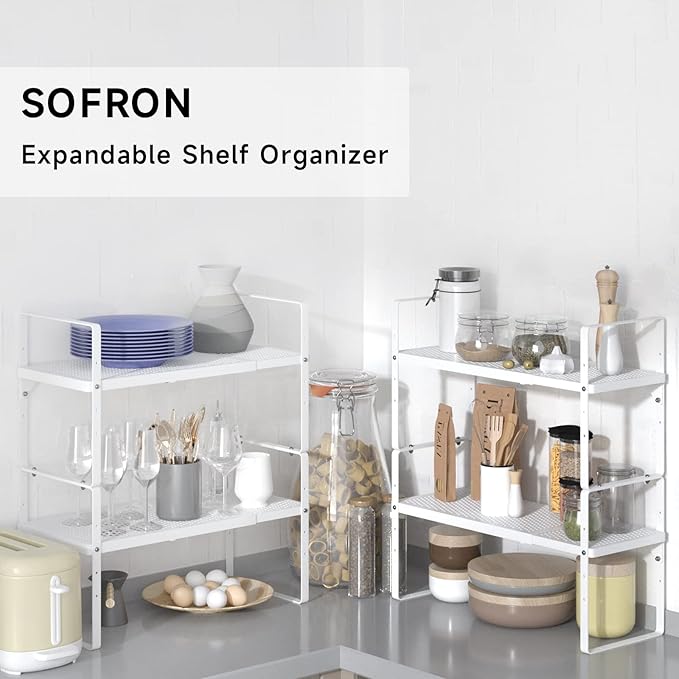 SOFRON Expandable Cabinet Storage Shelf Stackable Organizer Rack for Kitchen Bathroom Pantry Spice Cupboard Coffee Countertop Home Office Desk Heavy Duty Nonslip White Small 3 Packs
