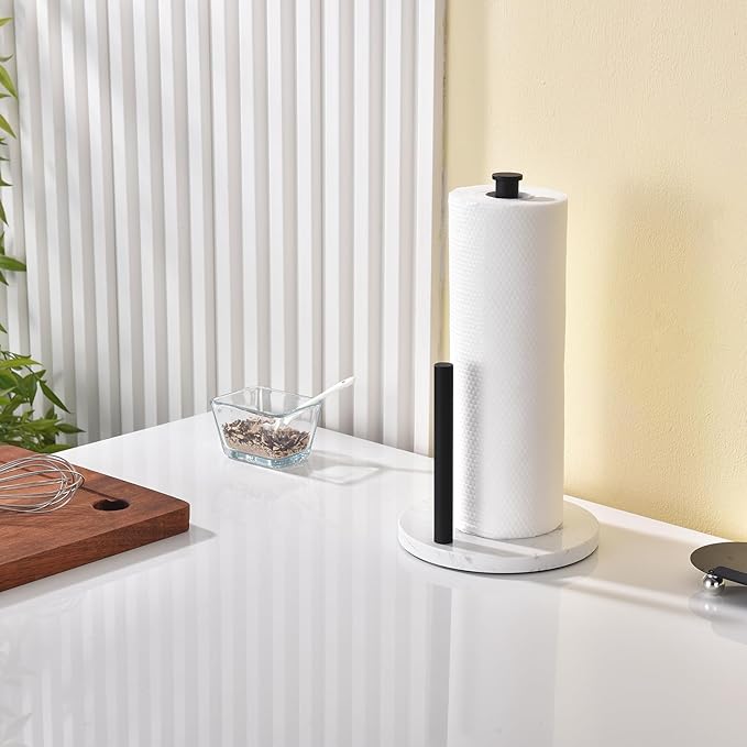 Hoooh Matte Black Paper Towel Holder Countertop with Non-Slip Marble Base - Rust-Resistant Stainless Steel, Freestanding for Kitchen Organization