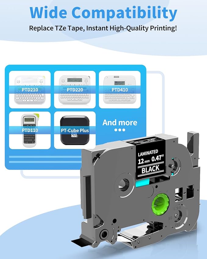 Colorty Black Label Maker Tape TZe-335 Compatible with Brother Label Maker Tape White on Black TZ TZe Tape 12mm 0.47 Laminated 1/2" TZe335 for PT-D220 Cube PT-P300bt P700bt 1180 1280 Refills, 6-Pack