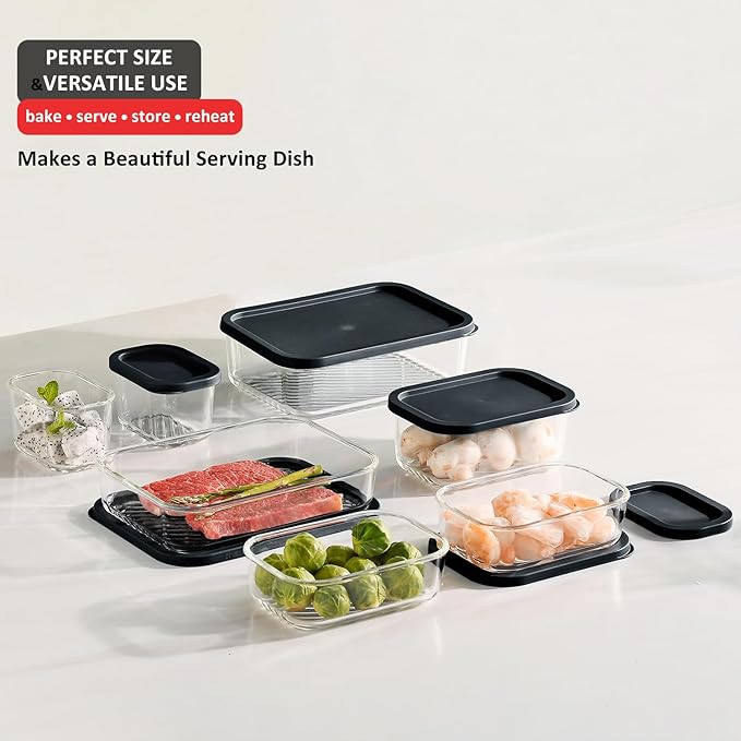 EATEX 7 Pack Glass Meal Prep Containers with Grooved Base, 7 Stackable BPA Free Glass Storage Containers with Lids for Lunch, Pantry, and Kitchen - Microwave, Dishwasher Freezer & Oven Safe - Black