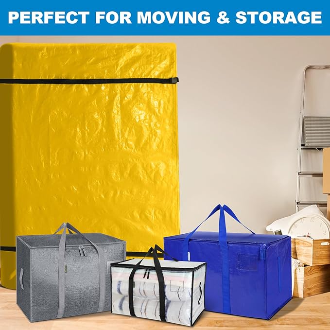TICONN Mattress Bags for Moving, Heavy Duty Full XL Mattress Cover Storage Bag with Full-Around Handle and Adjustable Buckles (Yellow, Full XL)
