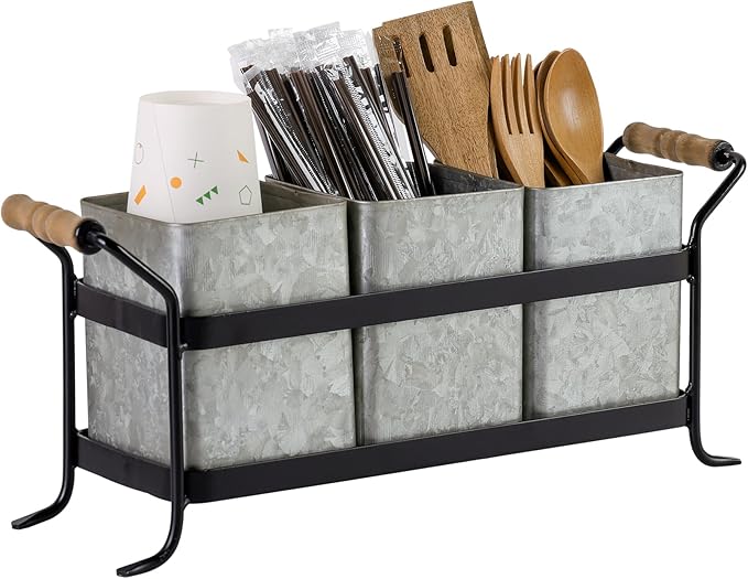 HOME PALETTE Silverware Caddy for Party Kitchen Flatware Holder for Countertop Farmhouse Galvanized Cutlery Organizer with 3 Compartments for Utensils, Spoons, Knives, Forks, Cups