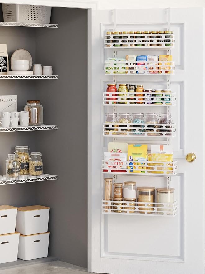 Over the Door Pantry Organizer - 6 Tier Adjustable Pantry Organization and Storage, Hanging Basket Wall Spice Rack Seasoning Shelves, Home & Kitchen Bedroom Bathroom, White