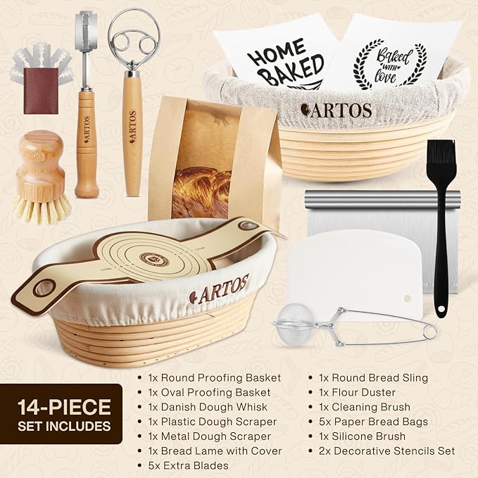 AURAVILLE Sourdough Starter Kit | 9" Round & 10" Oval Banneton Bread Proofing Baskets | Sourdough Bread Baking Supplies with Silicone Sling Dough Whisk, Scrapers Lame, Detailed Guide & Recipes & more