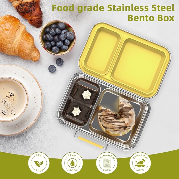 Stainless Steel Bento Box for Adults, 22.6 oz Leakproof 2-Compartments Stainless Steel Bento Containers, Metal Lunch Box with 2 Container, Dishwasher Safe, Design for Office,Outdoor, BPA-Free Yellow