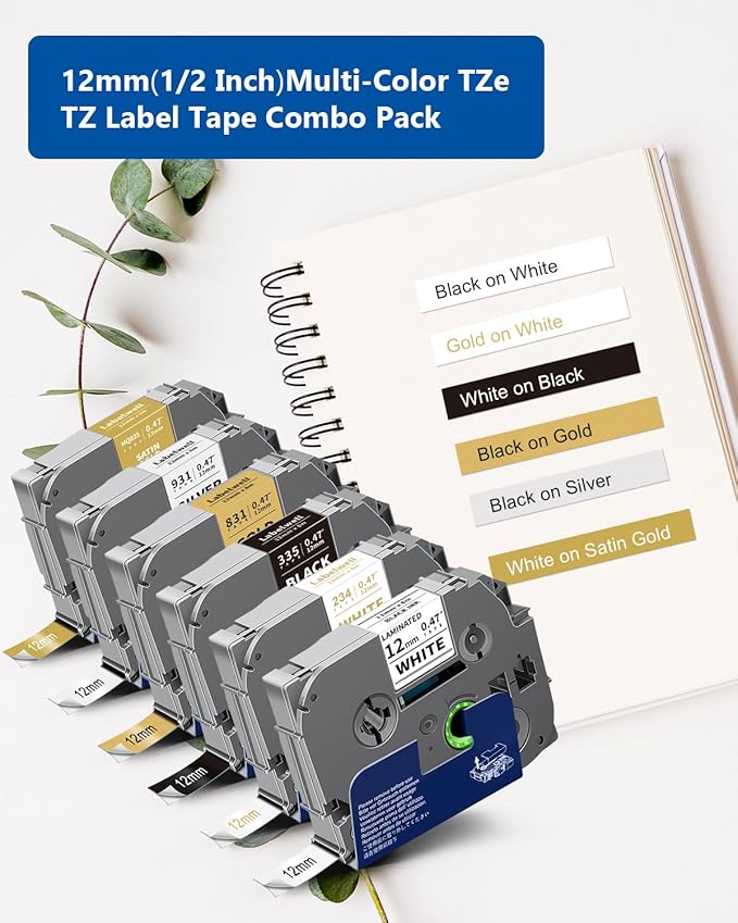 Labelwell 6-Pack Compatible TZe Label Tape 12mm 0.47 Inch Laminated Multi-Color TZ TZe-231 234 335 831 931 MQ835 TZe231 for PT-H110 D200 D210 D220 Label Maker, White/Gold/Sliver/Black