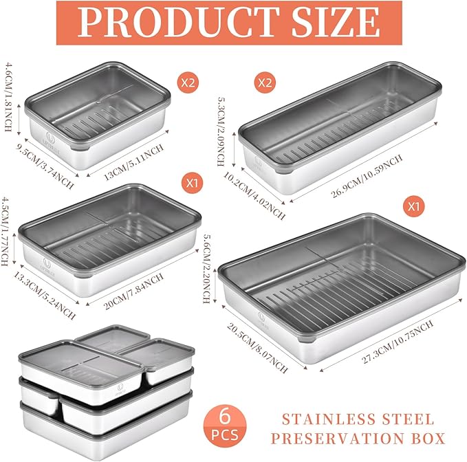 UPTRUST 6 Pack Bacon Cheese Container for Refrigerator, Stainless Steel Meat Container, Dishwasher Safe Storage Containers with Lids for Fridge, 4 Sizes