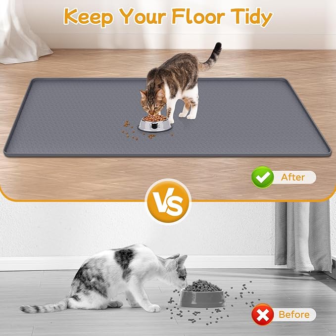 Lanstics Cat Food Mat, 51" x 26" Large Silicone Mat Cat Feeding Mat with Raised Edge Non-Slip Pet Feeding Mat for Food and Water Bowl, Easy to Clean, Floor Protection (Gray)