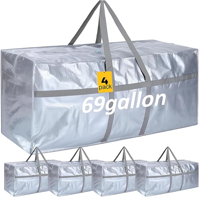 Windyun 4 Pack 69 Gallon Extra Large Moving Bags XXL Heavy Duty Storage Bag with Strong Zipper Handle Jumbo Big Tote Box Foldable for College Dorm Travel Clothes Duffle Blanket Pillow(Silver)