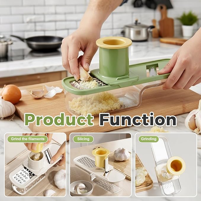 Multifunctional Garlic Grinder, 2026 Upgrade Mini 3 in 1 Garlic Grinder and Slicer, Stainless Steel Garlic Slicer Thin for Household (Green)