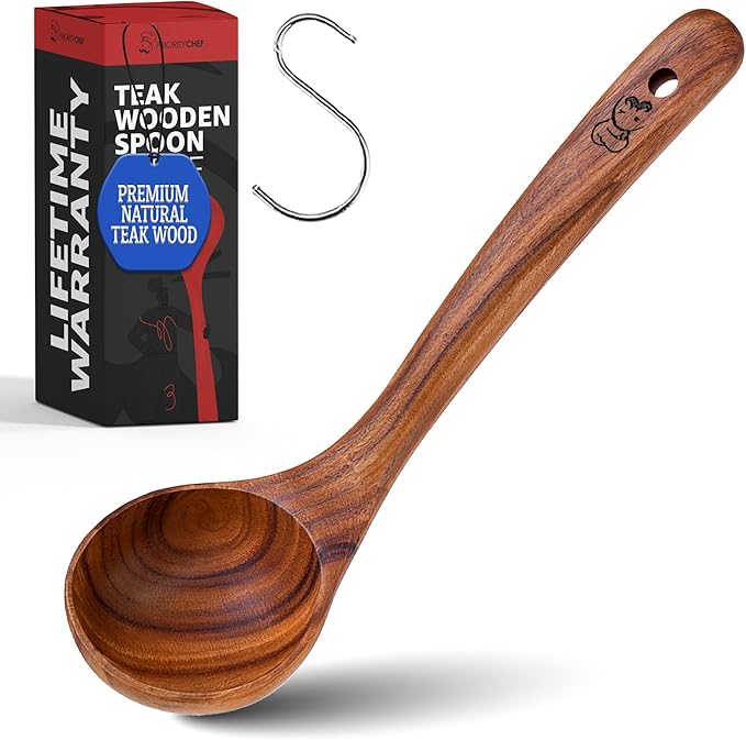 Priority Chef Large Wooden Ladle – Teak Soup Spoon with Long Handle for Serving and Stirring, Nonstick Safe and Easy to Clean – Premium Wooden Utensil for Kitchen Use