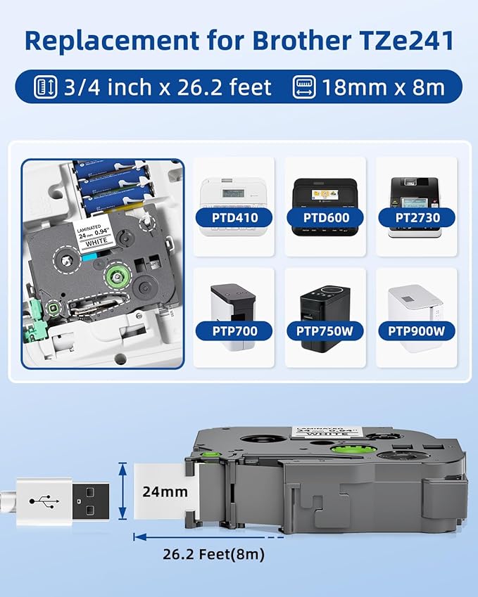 TZe-251 Label Maker Tape 24mm 0.94 Laminated White Compatible with Brother P-Touch Label Tape TZe251 TZ-251 Black on White 1 Inch TZe Tz Tape Work for Brother PT-D600 PT-D610BT PTP700 PTP710BT, 8-Pack