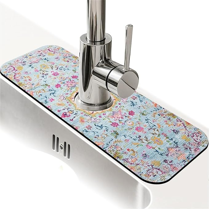 Kitchen Sink Splash Guard，Bohemian style flowers Faucet Mat Sink Gadgets-Super Absorbent Fast Drying Mat Drip Catcher for Kitchen, Bathroom,Sink Mat, Dish Drying Mat, Bathroom(15" X 5.5" )