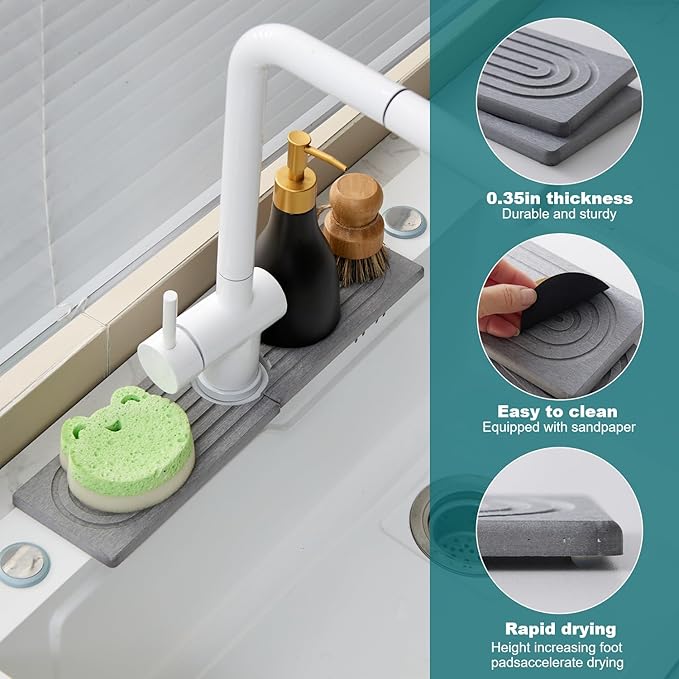 Stone Faucet Mat for Kitchen Sink, kitchen sink splash guard for Bathroom Counter,15.7 Inch Light Grey Diatomite water-Absorbing Drying Stone Mat, Sink faucet Stone Tray Protector