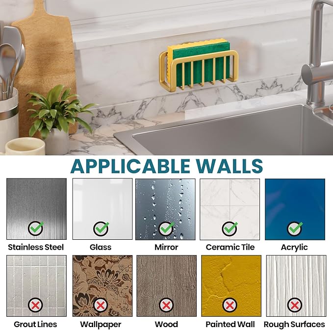 TAILI Sponge Holder for Kitchen Sink with Strong Suction Cup, Rustproof Aluminum Sink Caddy for Sponges, Removable Sponge Holder, Dish Brush for Scraper - Gold