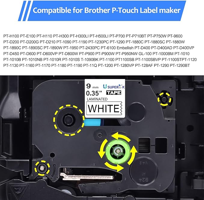 10 Pack TZe-221 9mm 0.35 Laminated White Tape Compatible with Brother P Touch Label Tape 3/8 inch TZe TZ-221 TZe221 Black on White TZe TZ Label for PT-H100 PT-H110 D200 D210 D400 D600