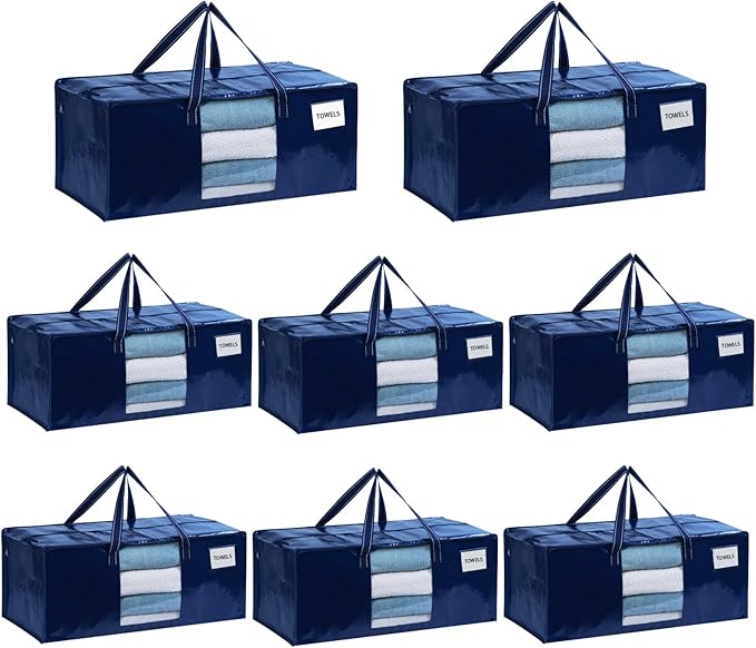 VENO 8 Pack Heavy Duty Moving Bags, Christmas Storage Bins with Lids, Transparent Window Design, Alternative to Moving Boxes, Storage Bags for Clothes, Blankets, Comforters, Pillows (Blue, 8 Pack)