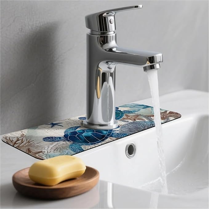 Kitchen Sink Splash Guard，blue turtles,ocean Faucet Mat Sink Gadgets-Super Absorbent Fast Drying Mat Drip Catcher for Kitchen, Bathroom,Sink Mat, Dish Drying Mat, Bathroom(15" X 5.5" )