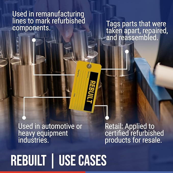 Tags 4 Less Production Quality Control Hang Tags – Equipment Preventative Maintenance Labels, for Easy Record-Keeping for Inventory Status (Rebuilt, Pack of 100)