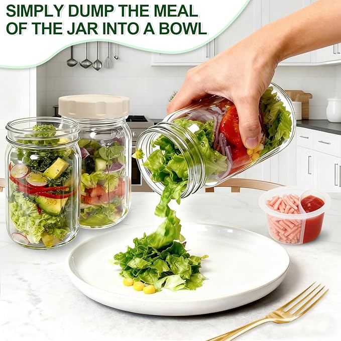 4 Pack Glass Salad Jars with Lids,32oz Mason Jars for Meal Prep,Leakproof Lunch Container with Two Small Built-in Boxes for Wet/Dry Separation of Salad Dressing and Dry Ingredients ( Apricot White)
