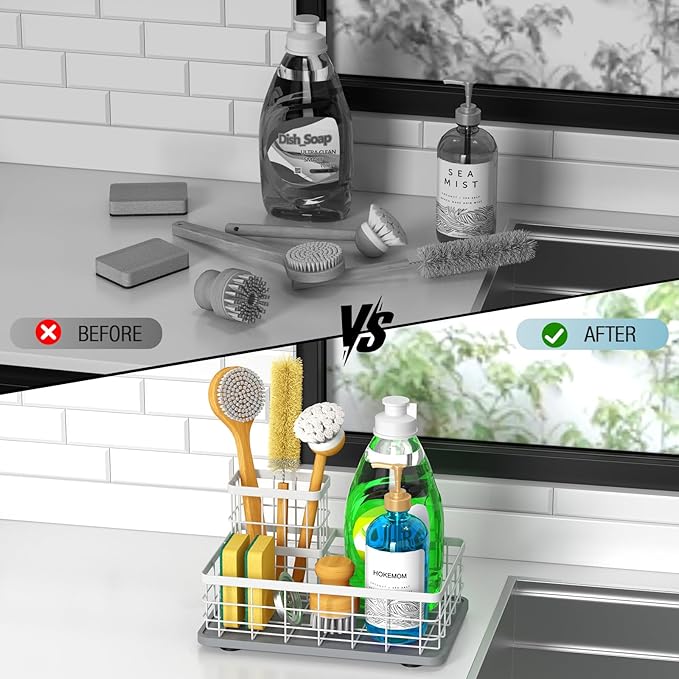 Large Family-Sized Sponge Holder for Kitchen Sink, Sink Caddy Organizer with Brush Holder - Drain-Free Non-Slip Base, Stainless Steel with Rust-Resistant Coating-10.24" L x 6.5" W x 5.83" H