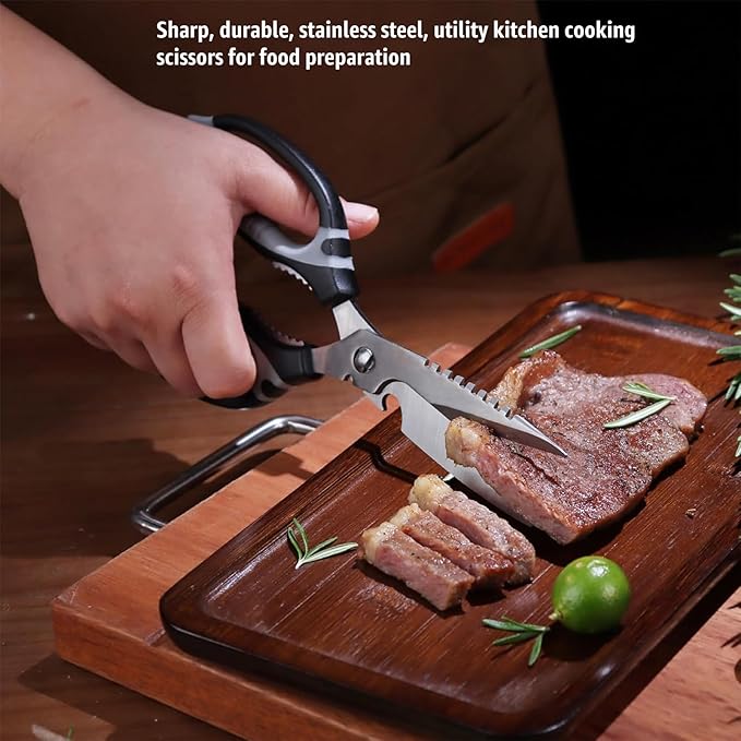 BoFuYuan Kitchen Scissors, 9-Inch Heavy Duty Multipurpose Food Cutting Shears, Detachable Dishwasher Safe, Sharp Serrated Blade, Ergonomic Non-Slip Handle for Food, Meat, Herbs, Black