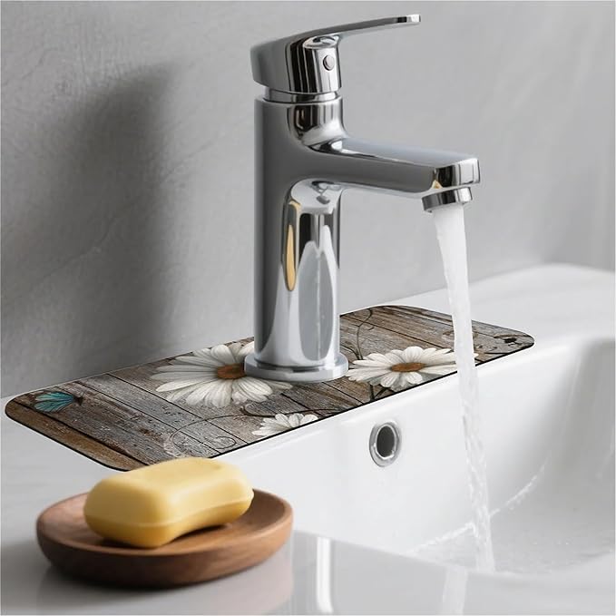 Kitchen Sink Splash Guard，Wooden,white daisies,butterflies Faucet Mat Sink Gadgets-Super Absorbent Fast Drying Mat Drip Catcher for Kitchen, Bathroom,Sink Mat, Dish Drying Mat, Bathroom(15" X 5.5" )