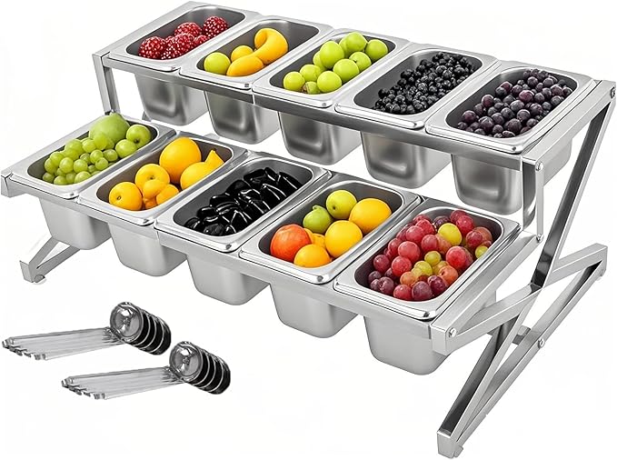 Two Tier Adjustable Stainless Steel Spice Organizer Set of 10 Pots with Spoons Commercial Kitchen Spice Rack Buffet Counter Milk Tea Shop Multifunctional Shelf (Double Flat)