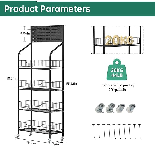 Retail Candy Snack Display Rack, 4-Tier White Metal Storage Shelf Brackets with Wheels & Hooks Multifunctional, Home Theater Concession Stand Snack Shelf Organizer for Pantry Kitchen, White