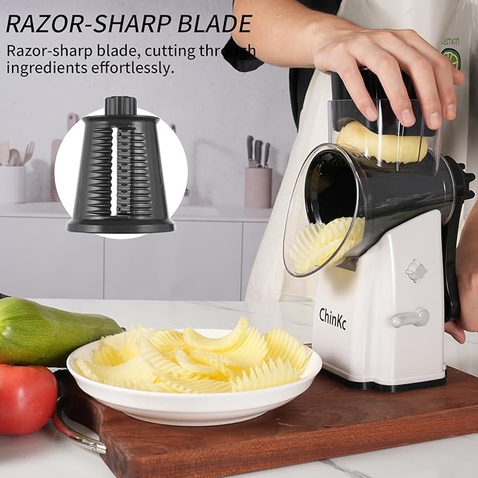 ChinKc Upgrade Rotary Cheese Grater Shredder with Handle, Strong Suction Base, Multi-purpose Rotary Grater Slicer with 5 Interchangeable Blades for Ice, Vegetables, Fruit, Nuts with Blade Storage Box