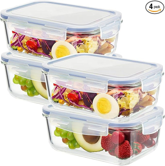 4 Set 8 Cup Large Glass Storage Containers Airtight 63 oz Food Bento Boxes Sets with Lids Kitchen Storage Containers Glass Cookie