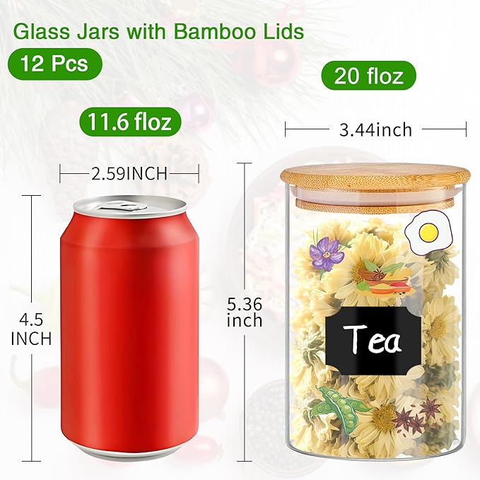 Glass Jars with Bamboo Lids 20 oz, 12 Pcs Stackable Kitchen Glass Pantry Storage Containers with Airtight Bamboo Lids for Rice, Candy, Sugar, Flour, Nuts, Cookie, Bean