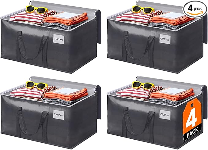 4 Pack Moving Bags Heavy Duty, Moving Boxes, Storage Bags with Zipper & Handles & Tag for College & Dorm Moving Supplies Grey Laundry Hamper Bag, Foldable Space-saving Totes (93L, Grey)