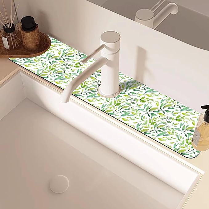 Tropical Eucalyptus Leaves Kitchen Sink Splash Guard Mat Absorbent Fast Drying Mat Faucet Draining Mat Sink Splash Guard Behind Faucet Drip Catcher for Kitchen Bathroom 5.5"×24"