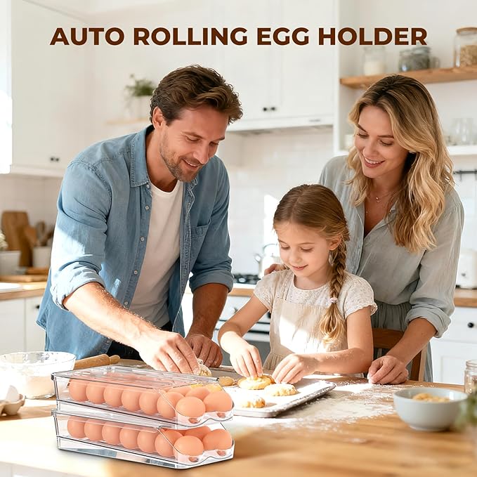 Egg Holder for Fridge,Automatic Rolling Egg Container for Refrigerator,Clear Stackable Egg Organizer with Removable Lid for Fridge Organizers and Storage,3 pack
