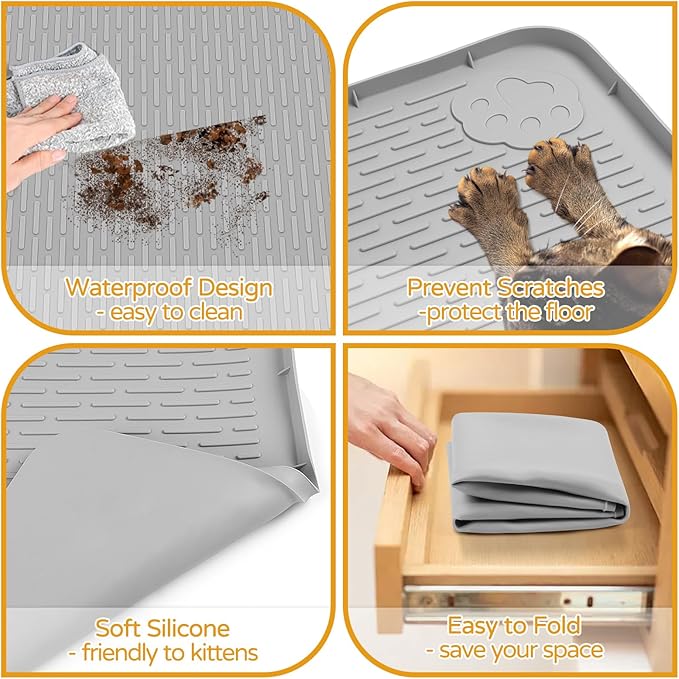 Lanstics Cat Food Mat, 40" x 28" Large Silicone Mat Cat Feeding Mat with Raised Edge Non-Slip Pet Feeding Mat for Food and Water Bowl, Easy to Clean, Floor Protection (Gray)