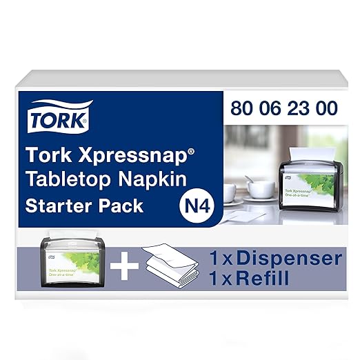 Tork Xpressnap Tabletop Napkin System Starter Pack Black N4, Dispenser and 1 x 500 One-at-a-Time Dispensing Napkins, 80062300