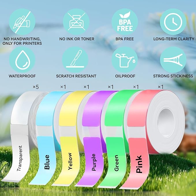 EEBBL D30 P15 HP4 Label Maker Tape 12mm 0.47 Laminated White, Works with Most Non-Encrypted Portable Label Printers，for Home, Office & Small Business 165 Labels/Roll, 5 Rolls Multicolor, 5Rolls Clear